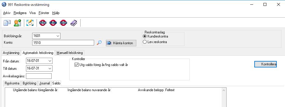 Flik Saldo Här görs en kontroll att utgående saldo för föregående år stämmer med ingående saldo för det valda bokföringsåret. Kontrollen görs för respektive balanskonto som är angivet i rutinen.