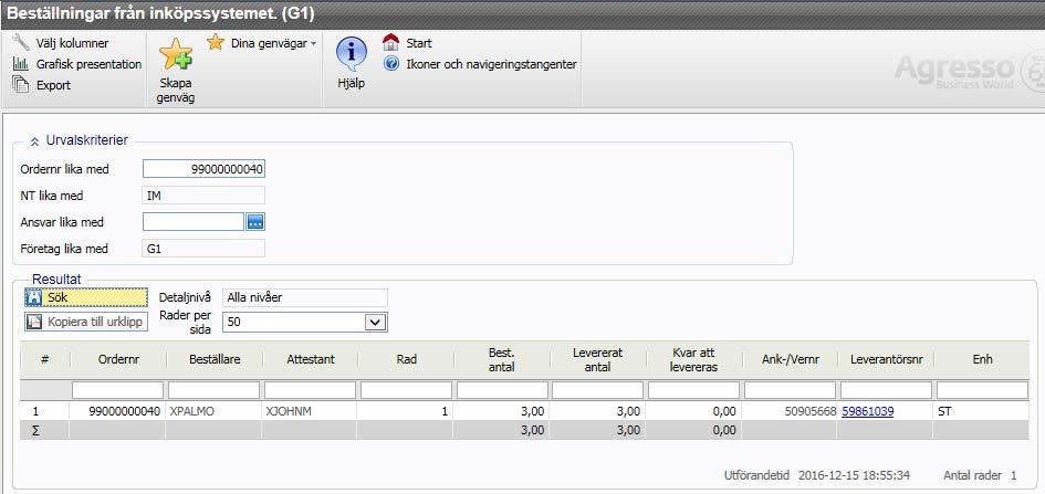 Frågan visar alla beställningar från inköpssystemet, vem som har godkänt och attesterat, beställt antal, levererat antal, kvar att leverera, eventuellt verifikationsnummer