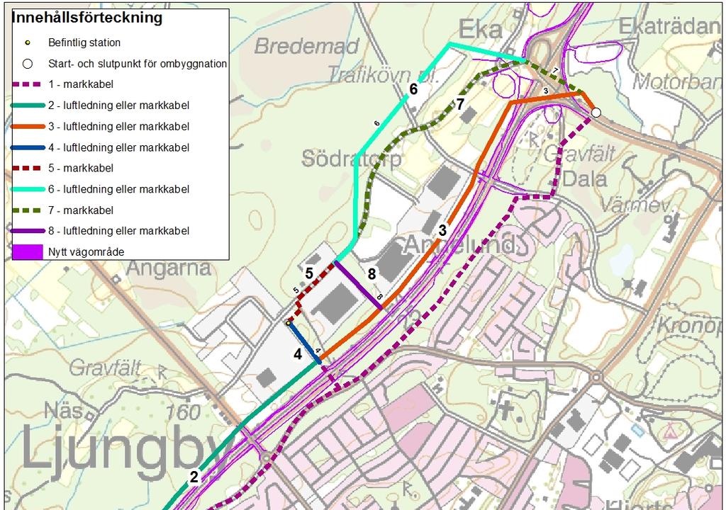 3.3 Anpassning mot väg E4 Vägområdet har erhållits i detalj från Trafikverket. Inom vägområdet kommer det inom vissa delar finnas viltstängsel, detta är placerat cirka två meter in i vägområdet.