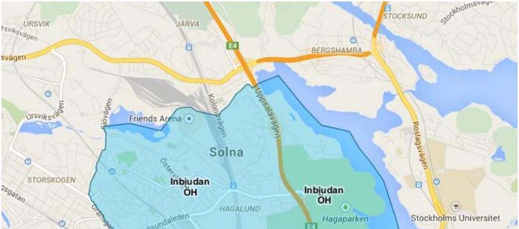 Figur 2. Karta över utskicksområde baserat på postnummer, där information om öppet hus skickades ut till hushåll och företag inom det blå området inför samrådsperioden 2014 och 2015/2016.