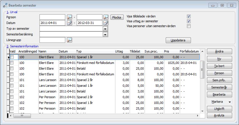 Kontroll av deltidssysselsättning/förskott befintlig semester I denna funktion visas all semester för alla anställda.