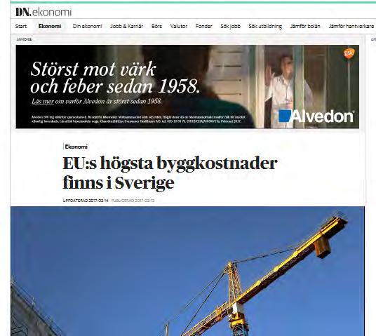 DN artikel 14 feb EU:s högsta byggkostnader finns i Sverige