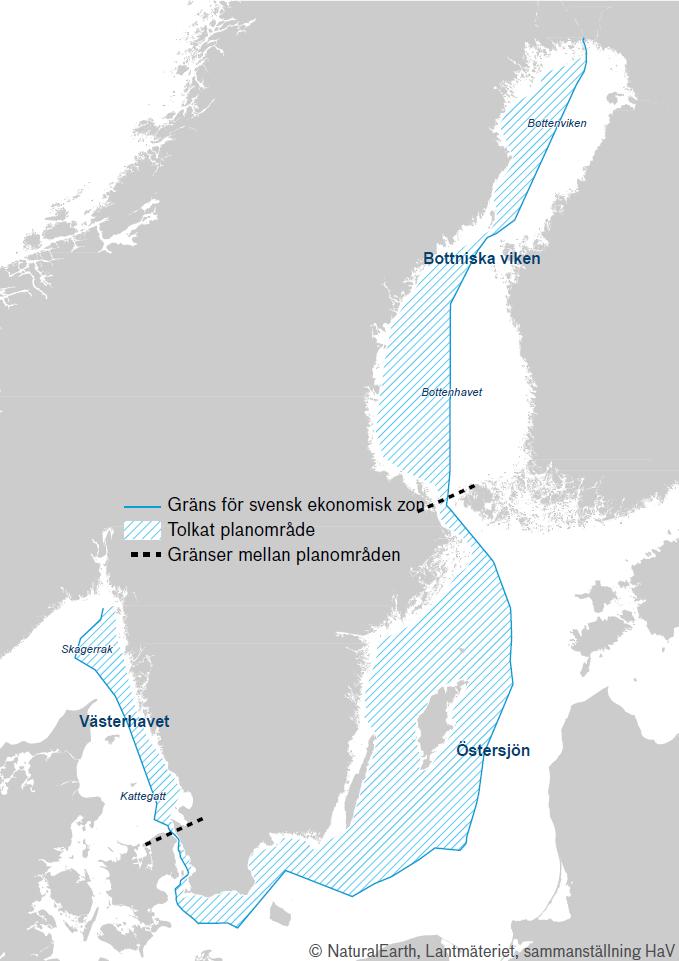 Marin grön infrastruktur naturvärdesbedömning, nyckelfaktorer och påverkansfaktorer Figur 5. Karta över de tre havsplanområdena Bottniska viken, Östersjön och Västerhavet. Källa: HaV (2014