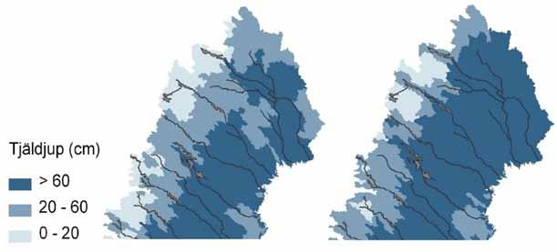 Kartor över det beräknade medeltjäldjupet i mars månad baserade på medelvärdet av de uppskattade parametervärdena för lera och sand enligt Lindström och Hellström (2007) presenteras nedan.