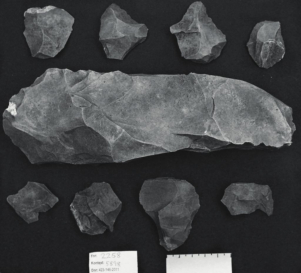 58 in Situ 1. Ämne till en fyrsidig tjocknackig flintyxa ( Fnr 2258 ) tillsammans med ett litet urval av avslag ur den flintdeposition ( Fnr 2257 ), som yxan hittades i anslutning till.