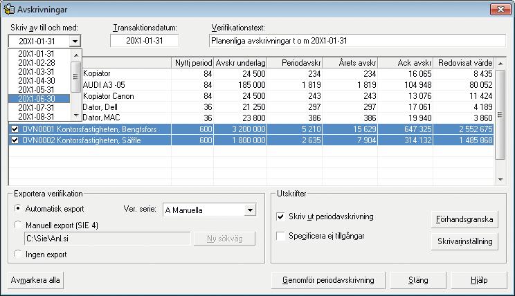 Löpande arbete Avskrivningar och underhåll av tillgångar Periodavskrivningar Tillgång nr OVN0001 Benämning: Kontorsfastigheten, Bengtsfors Programmet hjälper dig att sköta dina avskrivningar, vilket