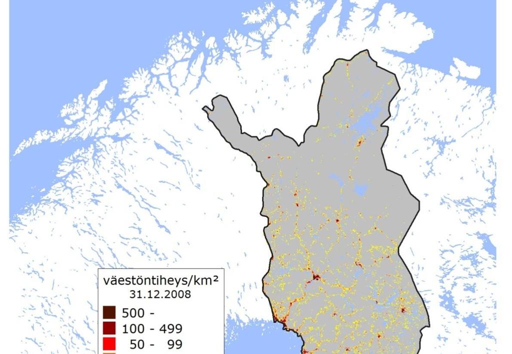 Befolkningstätheten i Finland Inom hela EU-området är befolkningstätheten ca 114 inv./km 2. I Finland är befolkningstätheten 17,6 inv./km 2. Landskapet Nylands befolkningstäthet på 222,6 inv.