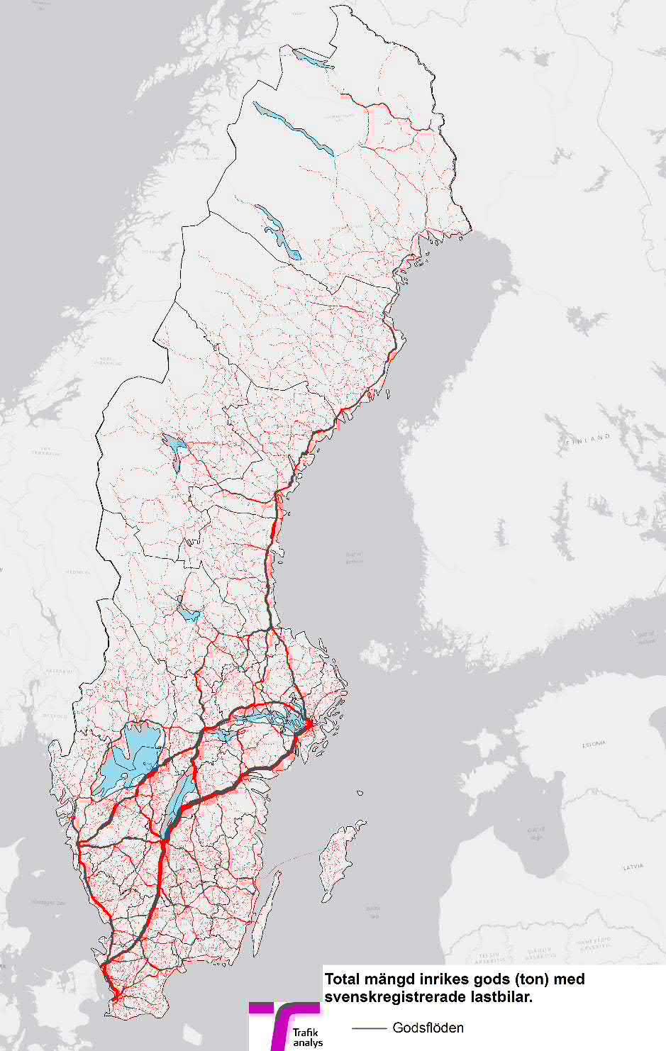 Inrikes lastbilstransporter - huvudsakligen lokala 375 miljoner ton 43 % inom samma kommun 28