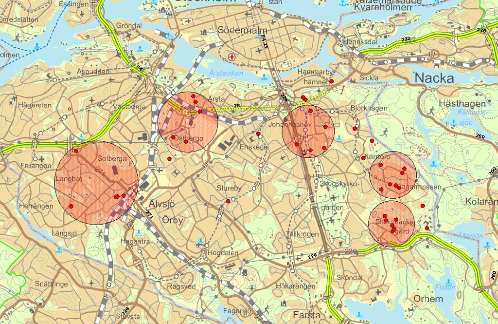 Närpolisområde Globen: Älvsjö-Långbro, Västra Årsta (område intill Tvärbana Årstaberg), Östberga, Dalen och Hammarbyhöjden, Bagarmossen (två