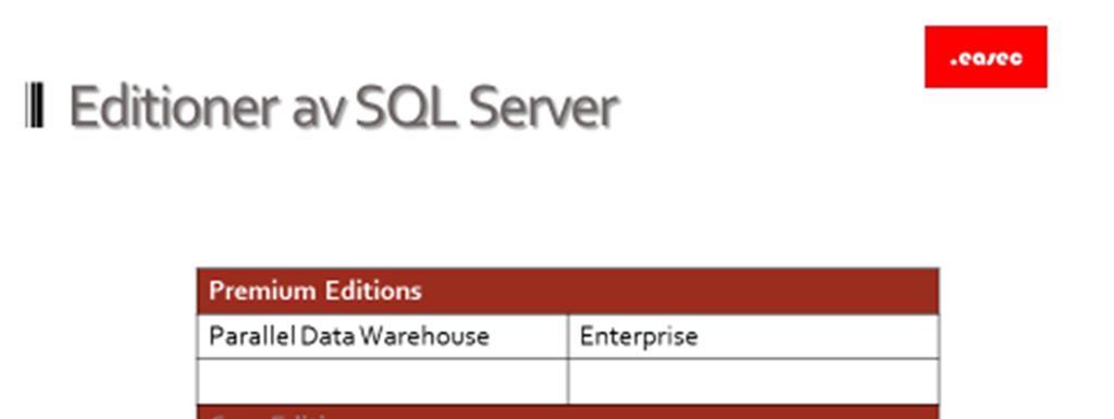 14 Editioner av SQL Server 12 Edition Används för Parallel Data Warehouse Använder massively parallel processing (MPP) för att bearbeta stor mängd information snabbt.