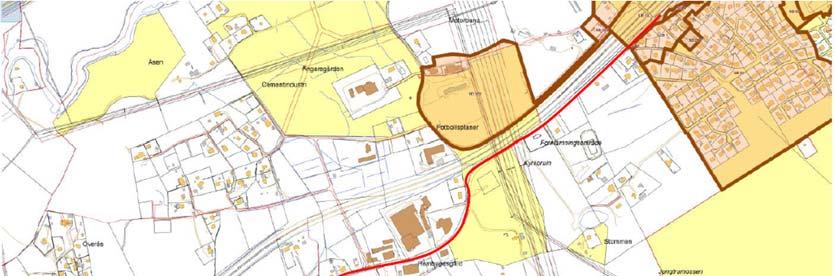 Figur 6 Inga pågående planer finns i anslutning till utredningsområdet som i huvudsak berör privat mark (kommunal mark är gulmarkerad på kartan) 3.