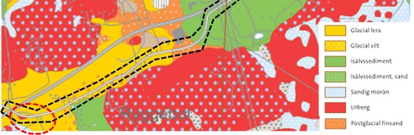 Enligt SGUs karttjänst avseende jordskred och raviner återfinns ravin i lösa jordlager inom området, se Figur 10. Figur 10. Utdrag från SGU:s karttjänst.