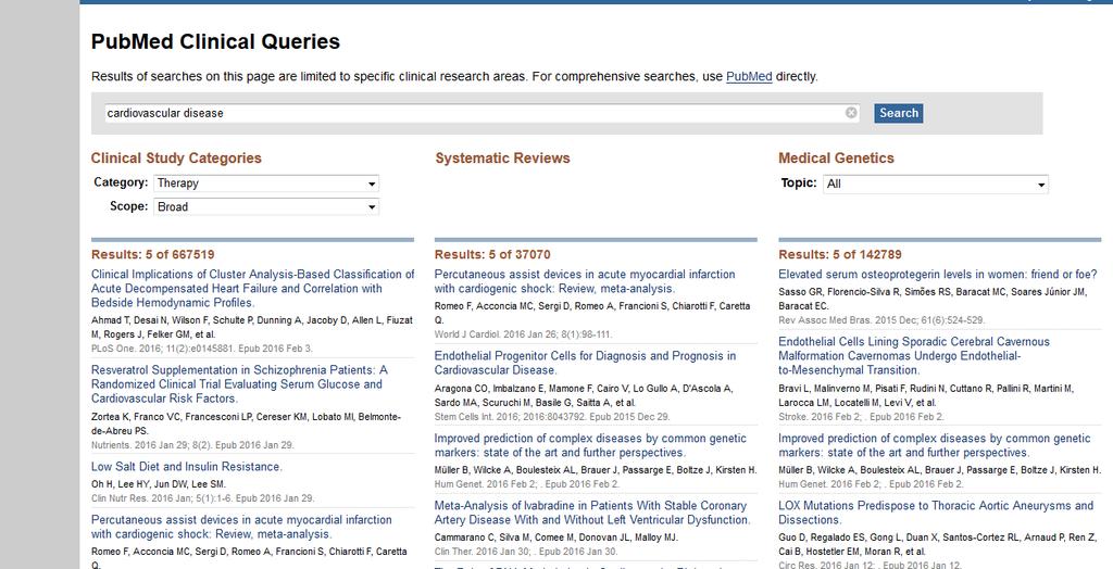 Clinical queries A search interface to find citations in the areas of: Clinical Study Categories: Find citations corresponding to a specific clinical study category.