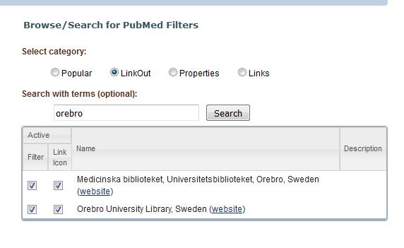 Välj ett filter med Med bibl:s fulltext tidskrifter Klicka på kategorin LinkOut och sök på orebro bocka i de två boxarna, Filter och Link Icon.