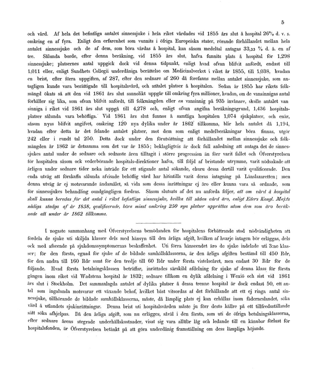 5 och vård. Af hela det befintliga antalet sinnessjuke i hela riket vårdades vid 1855 års slut å hospital 26% d. v. s. omkring en af fyra.