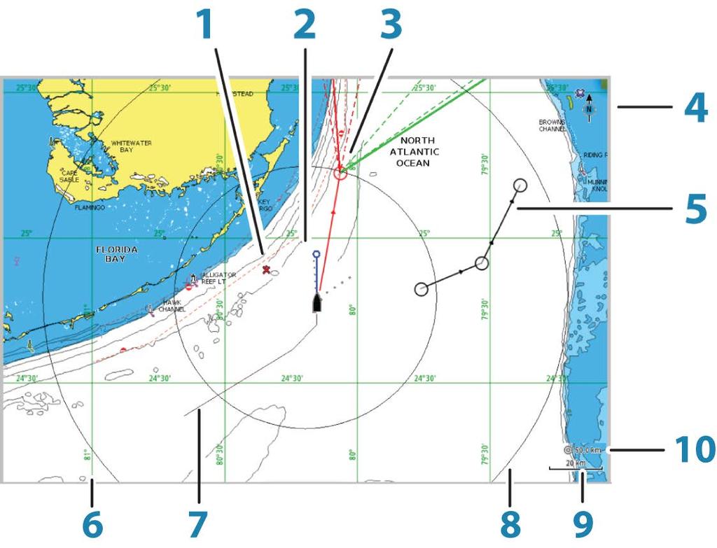 4 Plotter Med plotterfunktionen visas ditt fartygs position i relation till land och andra objekt på sjökortet.