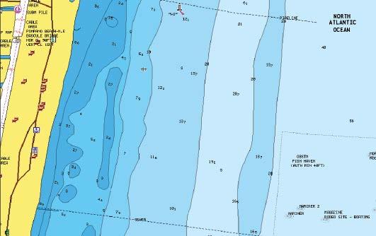 SonarChart visar en batymetrisk karta med högupplösta konturdetaljer och vanliga