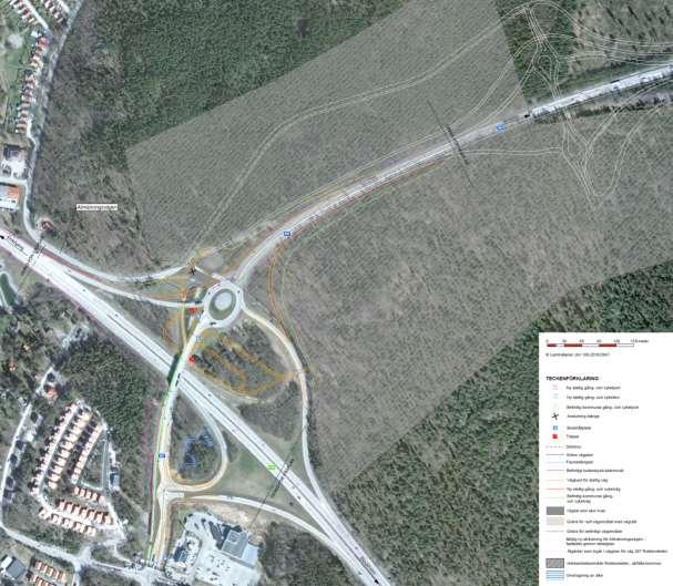 Figur 4 Slutlig utformning av tpl. Stäket efter ändringar av GC-lösningen och placeringen av direktrampen till E18 västerut föranledda av plangranskningen.