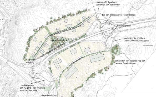 Figur 7 Utdrag ur illustrationsplan för Stäkets verksamhetsområde med Allmänningsvägens nya sträckning, GC-vägen samt trafikplatserna Stäket och Verksamhetsområdet.