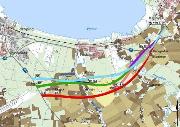 Figur 19 Sträckningsalternativ med brukningsenheter, gårdar och vattendrag utmärkta i