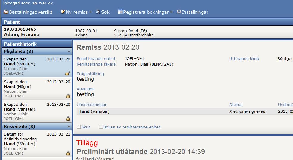 Patienthistoriken visas när en patient är vald/framsökt.
