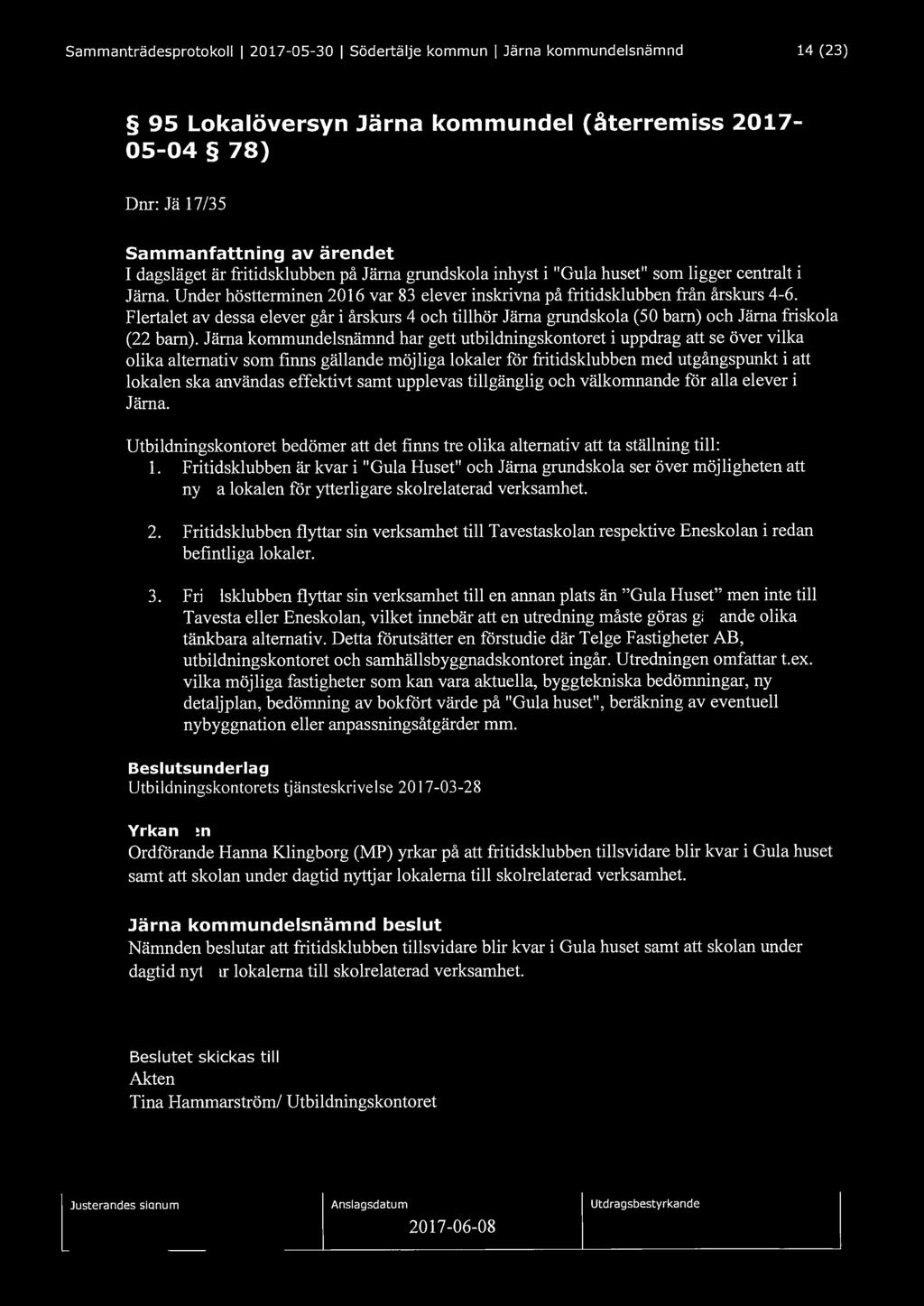 Sammanträdesprotokoll I 2017-05-30 I Södertälje kommun I Järna kommundelsnämnd 14 (23) 95 Lokalöversyn Järna kommundel (återremiss 2017-05-04 78) Dnr: Jä 17/35 Sammanfattning av ärendet I dagsläget
