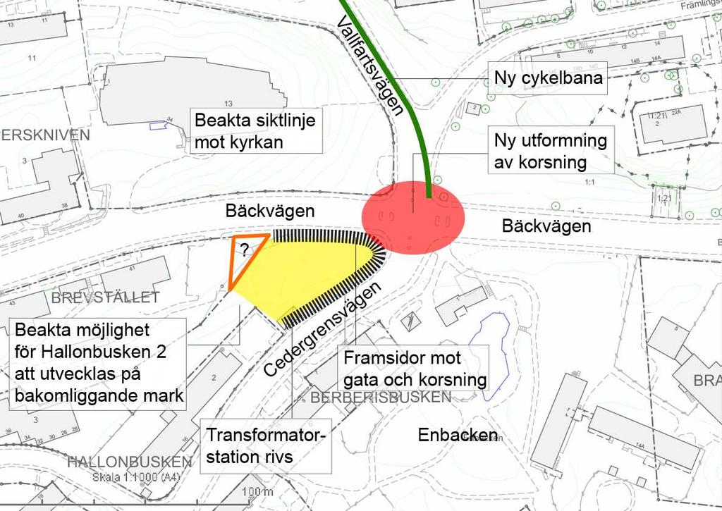 Sida 8 (11) Ny bebyggelse ska även placeras och utformas så att den avgränsar och vänder framsidan mot både Bäckvägen och Cedergrensvägen.