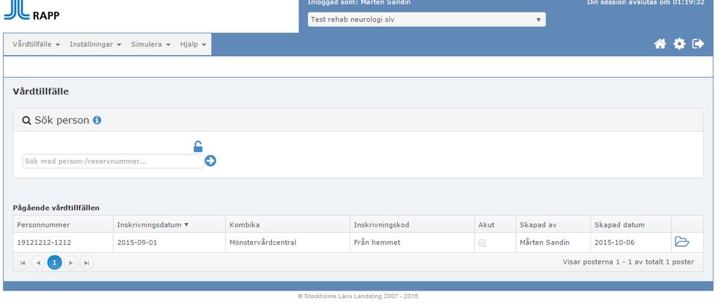 Registrering av slutenvård, Vårdtillfälle Mata in person- eller reservnummer och