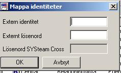 Extern identitet:: ange anv namnet i Blodinfo (t ex ab0000) Externt lösenord: ange lösenord ni har i Blodinfo Klicka ok, sista fältet är grå markerat eftersom ni loggar med SITHS kort i NCS Cross Nu