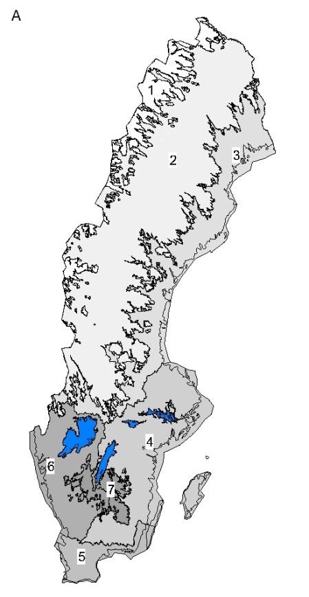 ramdirektiv för vatten. De limniska ekoregionerna har en lämplig indelning i nordsyd, väst-öst, högsta kustlinjen och höjd över havet (Figur 1).