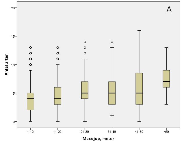 Boxplots över antal fångade arter (A) och total fångst per ansträngning i bottennät (B) i de 1819 sjöarna i förhållande till den provfiskade sjöns maxdjup.