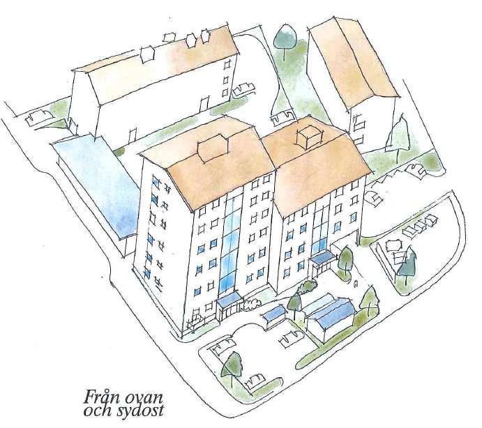 Dnr BTN 15/99 6/13 Skiss över planförslaget av Nils Simonsson, arkitekt SAR/MSA, Arkitektgruppen i Gävle AB Nya huvudbyggnaden ska placeras med långsida mot Krukmakaregatan och en boendeparkering