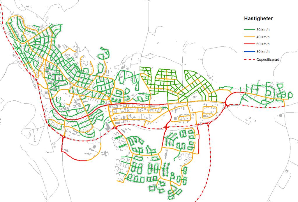 En annan skillnad är att huvudvägnätet i centrala delarna av tätorten föreslås få 40 km/tim istället för 50 km/tim.