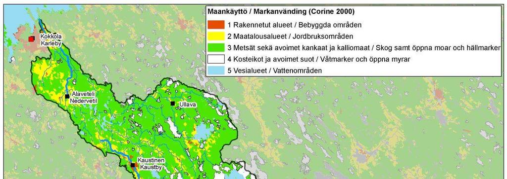 och kulturarv). I tabell 4 och bild 7 presenteras markanvändningen i Perho ås avrinningsområde enligt Corine 2000-materialet. Tabell 4.
