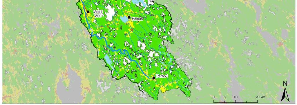 Våtmarker och öppna myrar 40265 14 Vattenområden 7998 3 Bild 7. Markanvändningen enligt Corine 2000-materialet i Perho ås avrinningsområde.