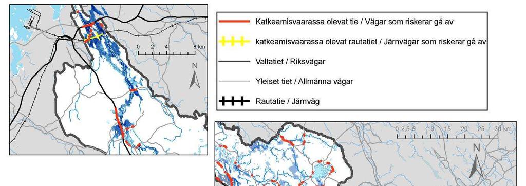 Bild 22. Huvudleder (svarta linjer) och platserna där de eventuellt kan gå av (röda linjer) i Perho ås avrinningsområde.