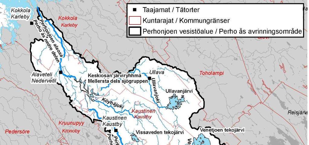 Bild 3. Perho ås avrinningsområde och kommunerna i området. ( SYKE; kommungränserna Lantmäteriverket tillstånd nr 7/MML/09) Tabell 1.