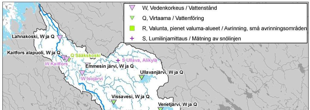 Bild 6. Det hydrologiska kontrollnätverket i Perho ås avrinningsområde: Q = vattenföringsstation (grön), W = vattenståndsstation (violett).