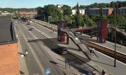 5. PLANFÖRSLAGENS BETYDANDE MILJÖPÅVERKAN Figur 35. Fotomontage av de nya plattformarna samt förslag på utformning av den nya gångbron med rödträpanel.
