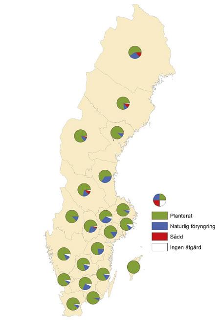 Figur 3. Föryngringsmetodernas länsvisa fördelning. Skogsstyrelsens återväxtinventering, 5-årsmedelvärden 2011/2012 2015/2016.
