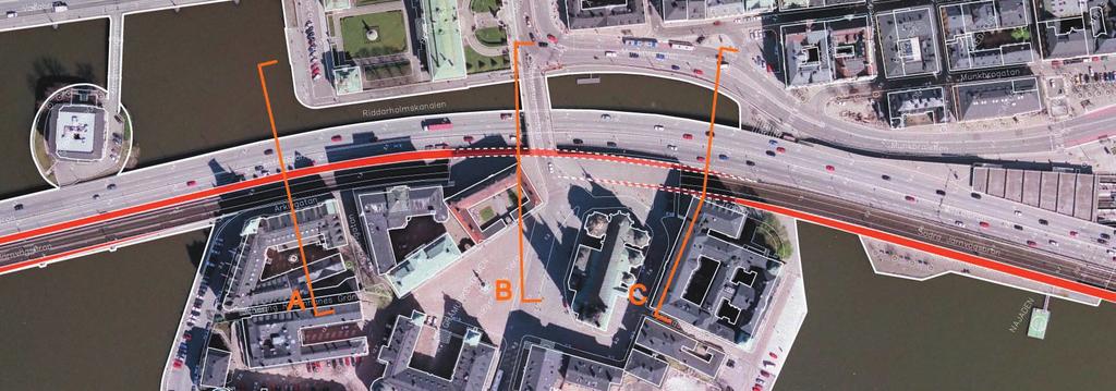 18 GENOMLYSNING TREDJE SPÅRET Spårförslag Nya spår genom Stockholm 1996 innebär att ett nytt tredje spår förläggs mellan Riddarholmen i öster och Centralbro/Tunnelbana i väster.