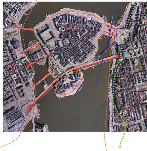 5 Processionsaxeln Storkyrkobrinken Riddarhustorget Riddarholmskyrkan Infrastrukturlandskapet Stadsholmen och Riddarholmen Under 1600-talet utvecklades Stadsholmen väster om det kungliga slottet