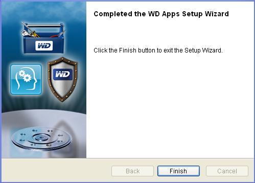 När installationen är klar, klicka på Finish (Slutför) för att avsluta WD Apps Setup Wizard (WD-guiden för programinställningar): 8.
