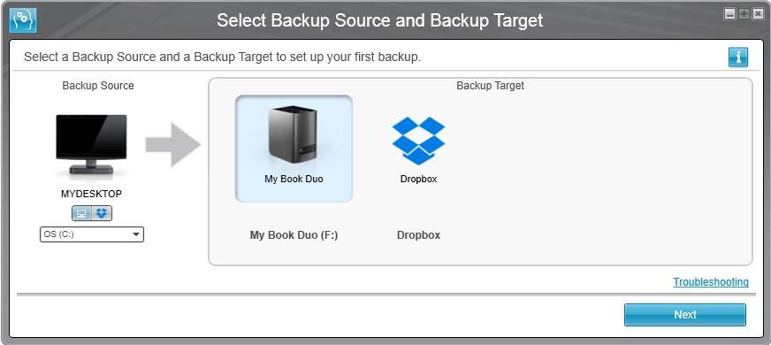 e. Klicka på OK för att visa skärmen Select Backup Source and Backup Target (Välj säkerhetskopieringskälla och säkerhetskopieringsmål): Då installeras programvaran WD SmartWare Pro.