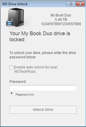 2. På verktygsskärmen WD Drive Unlock: a. Skriv ditt lösenord i rutan Password (Lösenord). b.