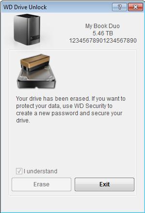 d. När raderingsåtgärden har slutförts, klicka på Exit (Avsluta) för att stänga verktygsskärmen WD Drive Unlock (Lås upp disk): Gå till http://support.wd.