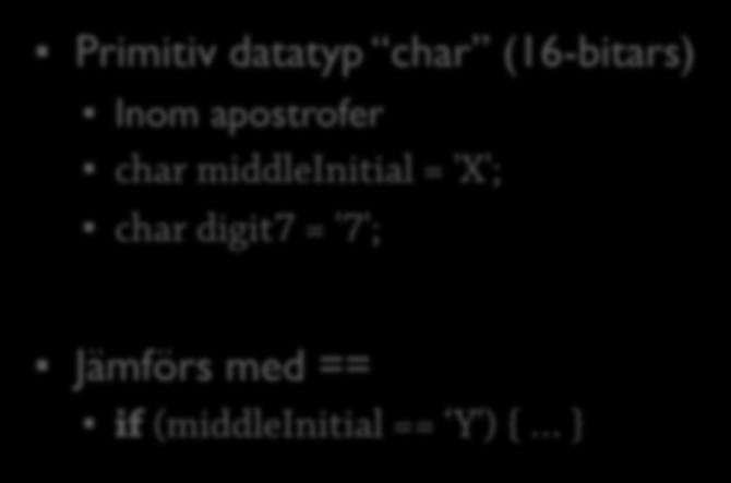 Tecken och strängar Java skiljer på: 28 Enskilda tecken Primitiv datatyp char (16-bitars) Inom apostrofer char middleinitial = 'X'; char digit7 = '7';