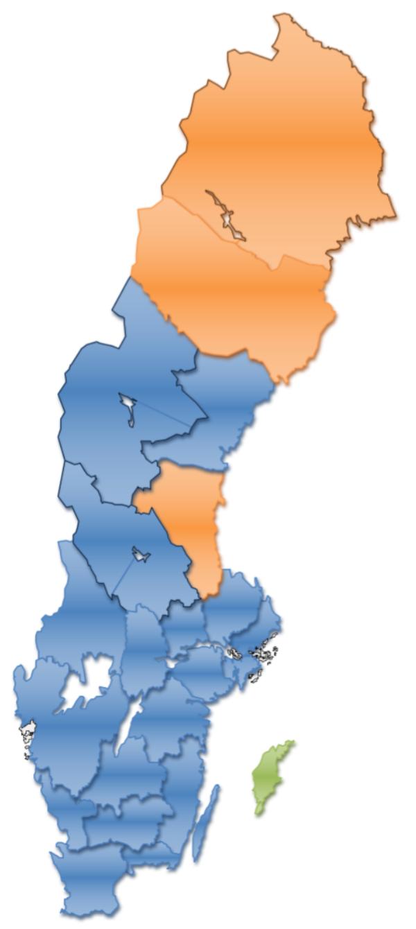Fig. 1. Län där sjukhus finns som har registrerat patienter i SweTrau, primärtransporterade (blå).