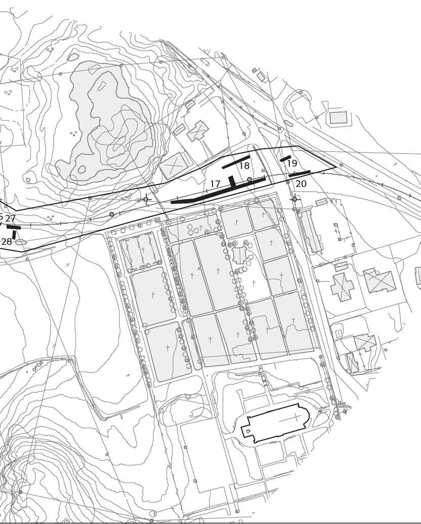 schakt 17 18 berörde den nyupptäckta fornlämningen 212 och schakt 19 20 drogs direkt norr om begränsningen för Tölö 124.