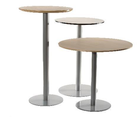 Lina Cafebord med rund fot i stabil stålkonstruktion. Stativet beläggs med våra skivor i laminat, linoleum och softlaminat= ljudämpande laminat.